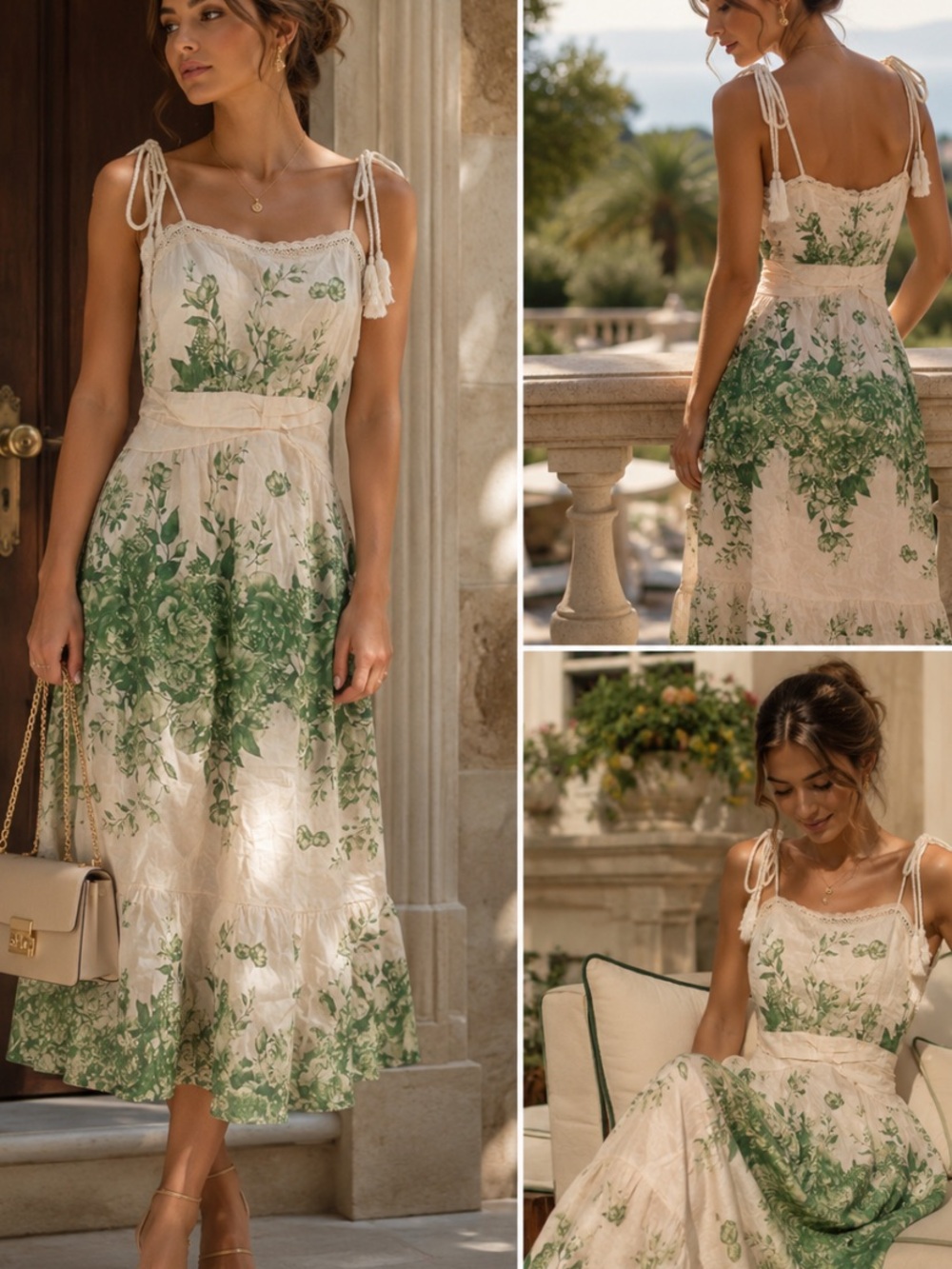 Dixie Midi Dress line Italy 🇮🇹 with Green Floral Print and Tie Straps size 4